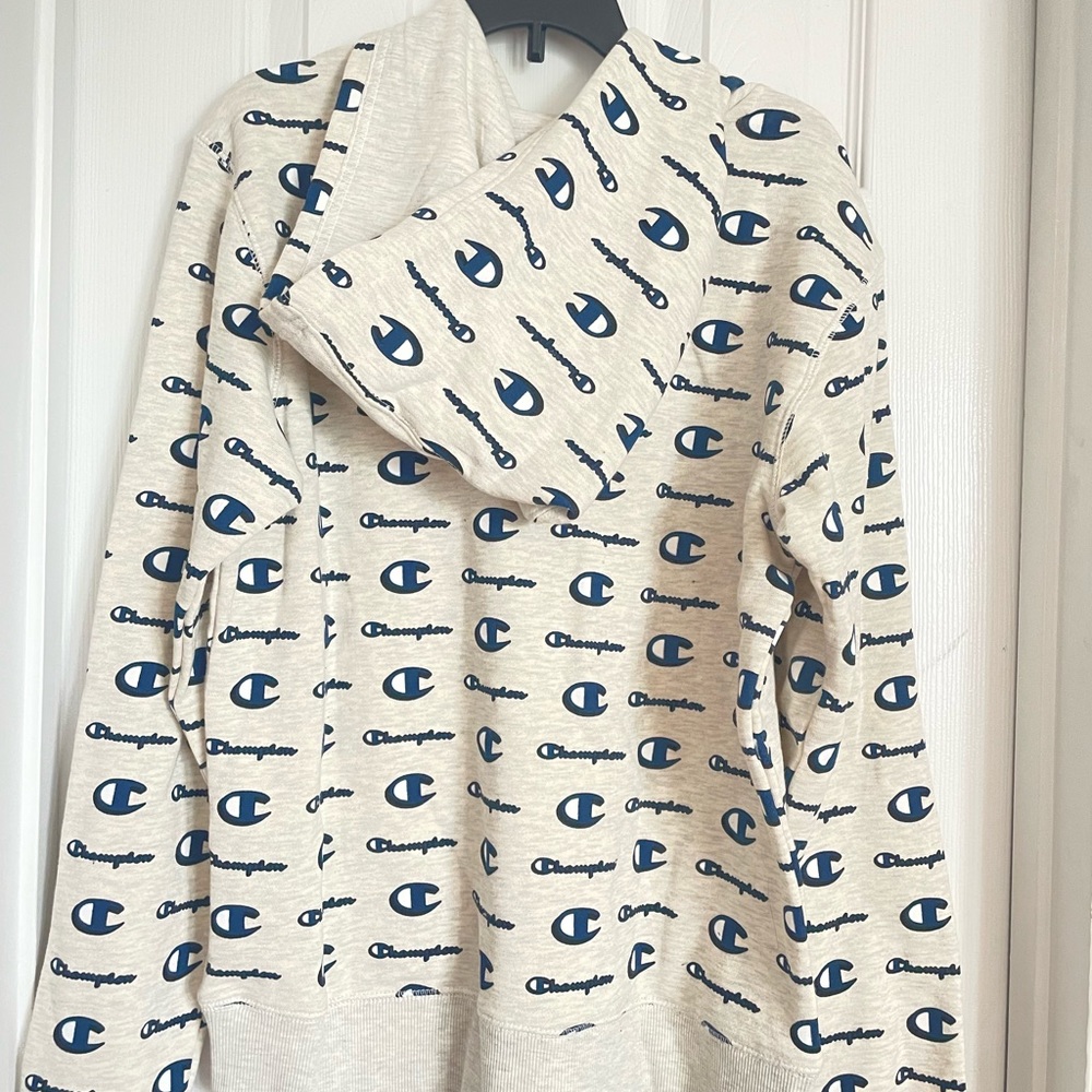 Champion Fleece Hoodie All Over Print Script, Kangaroo Packet, Ribbed Cuffs